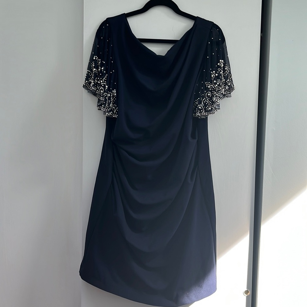 Betsy Adam Beaded Sleeve Short Scuba Crepe Dress